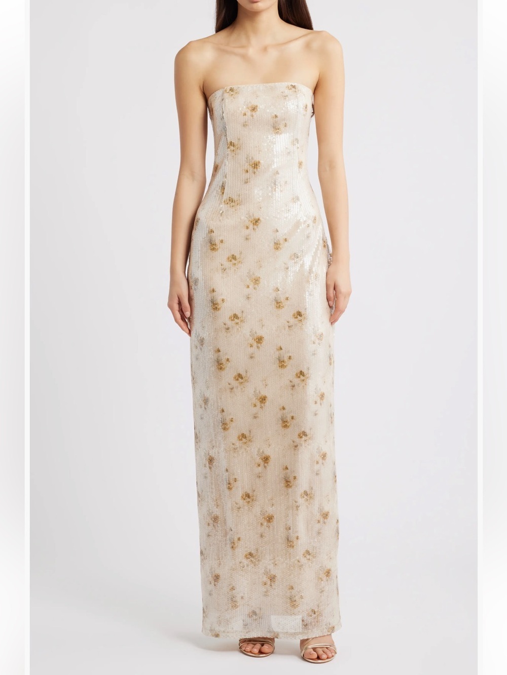 NWOT Lulu's Afton Sequin Strapless Gown in natural floral shift Maxi sparkle XL